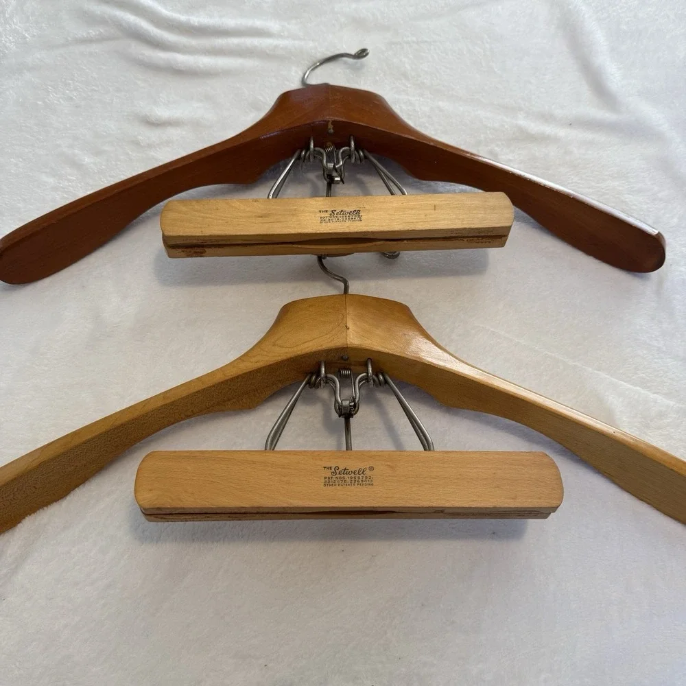 Vintage The Setwell Wooden Suit Hangers Lot 2 Coat Pants Clamp Mid Century